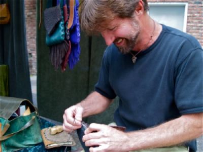 Dave Summers of Elf Mountain Leather. The Artisan of The Week at Lithia Artisans Market of Ashland.